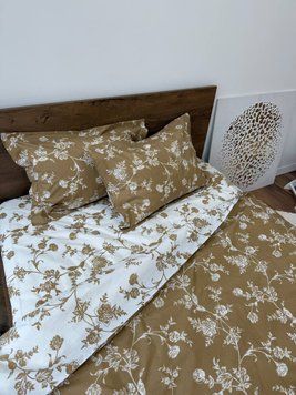 Комплект постельного белья, поликоттон, золотой с цветами 166 фото